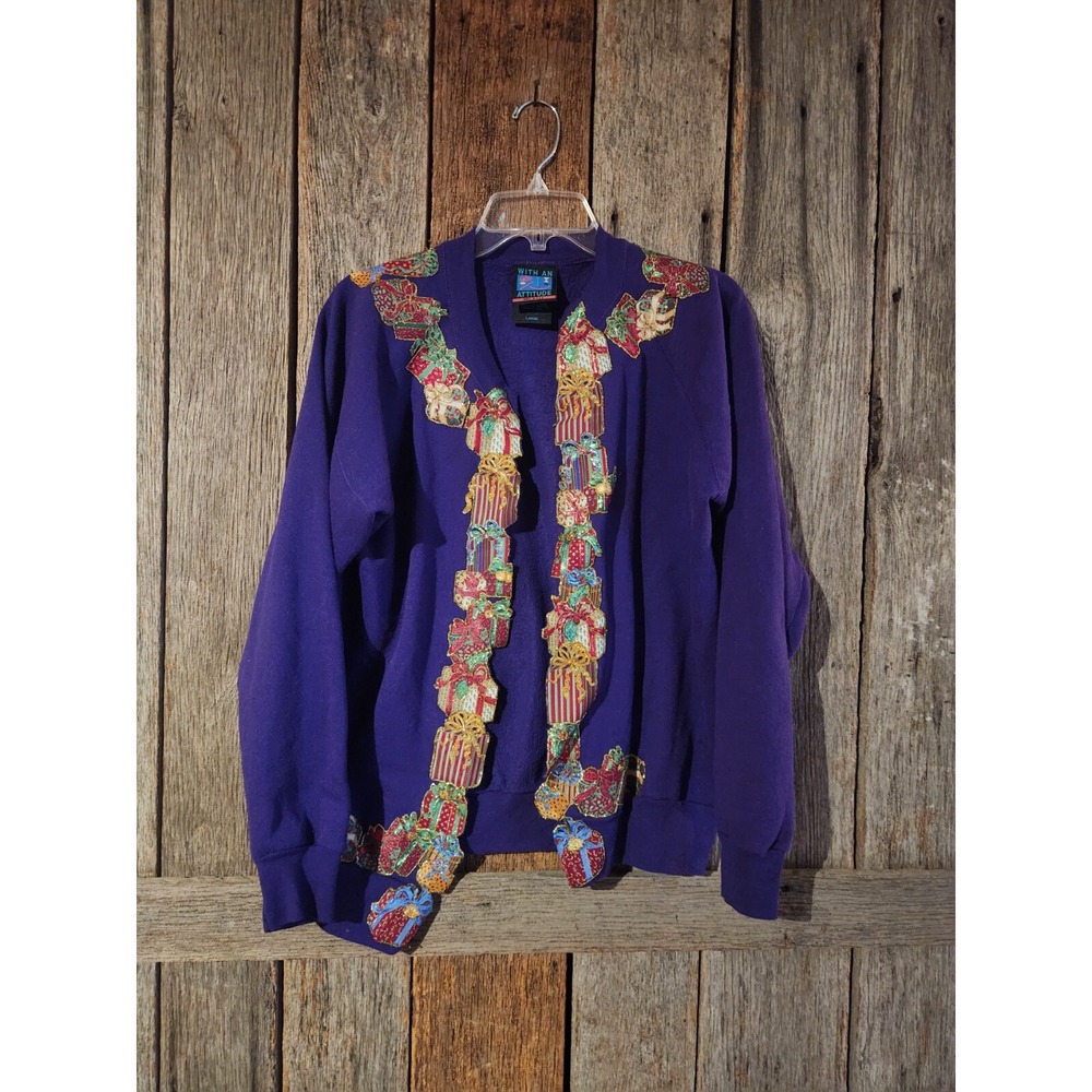 Vintage Painted Gifts‎ Christmas Sweater Cardigan Size Large USA Made Kitchy